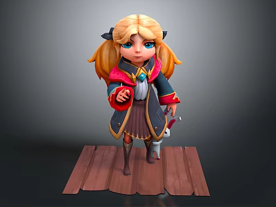 3D Girl Character Model With Blonde Hair Red Blue Outfit Holding Sword On Wooden Platform 3d model