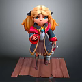 3D Girl Character Model With Blonde Hair Red Blue Outfit Holding Sword On Wooden Platform
