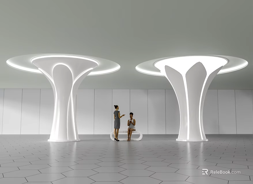Modern White Columns With Circular Overhead Lights People Standing And Sitting Nearby Hexagonal Floor Tiles 3d model 