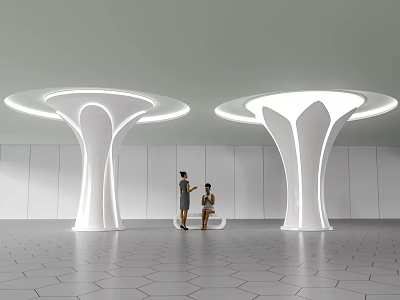 Modern White Columns With Circular Overhead Lights People Standing And Sitting Nearby Hexagonal Floor Tiles 3d model