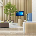 Contemporary Lounge Area With Circular Sofa Green Plant TV Wooden Bookshelf And Comfortable Seating