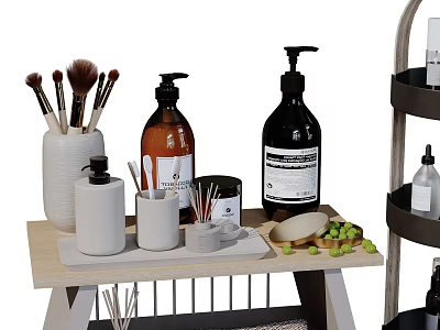 Bathroom Set Featuring Hand Wash Bottles Lotion Dispensers Makeup Brushes Storage Tray And Greenery 3d model