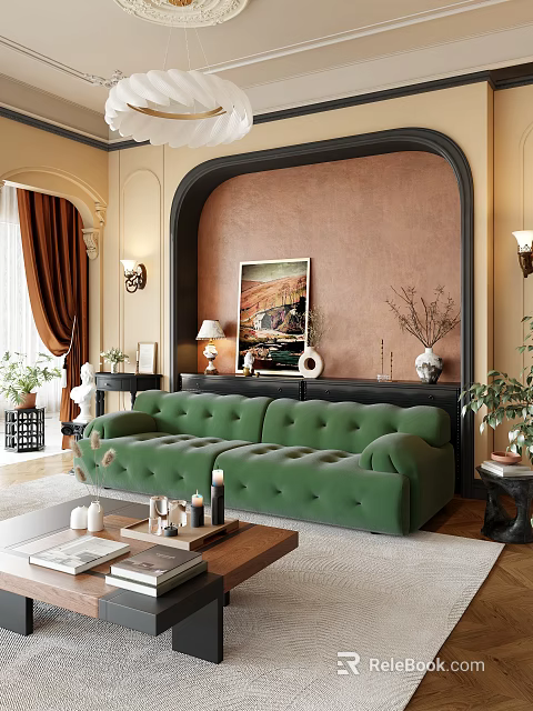Luxurious Living Room With Green Velvet Sofa Brown Wall Arched Design And Decorative Elements 3d model 