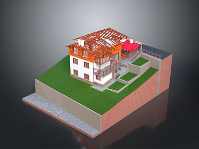 Two Story Residential Building With Red Roof Frame White Walls And Green Lawn 3d model