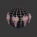 3D Model Sphere With Black Grid Surface And Golden Mask Like Ornaments