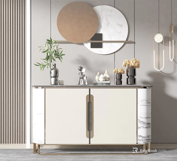Elegant Entryway Console Cabinet With White Body Gold Handles Green Plant And Round Mirror Decor 3d model 