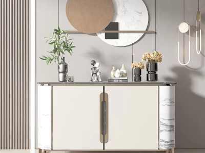 Elegant Entryway Console Cabinet With White Body Gold Handles Green Plant And Round Mirror Decor 3d model