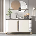 Elegant Entryway Console Cabinet With White Body Gold Handles Green Plant And Round Mirror Decor