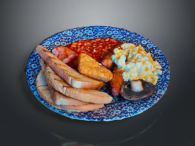 Traditional English Breakfast Plate With Sausage Bacon Eggs Mushrooms Beans And Toast 3d model