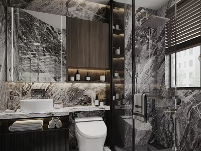 Modern Bathroom Interior With Marble Walls Wooden Cabinets Large Mirror And Shower Area 3d model
