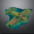 Spacecraft Wreckage Model With Yellow Green Rust In Blue Water Cosmic Exploration