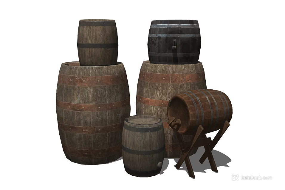 Wooden Barrels For Home Storage And Decor In Various Sizes Stacked And On Stand 3d model 