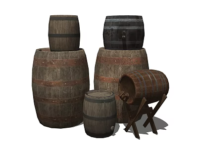 Wooden Barrels For Home Storage And Decor In Various Sizes Stacked And On Stand 3d model
