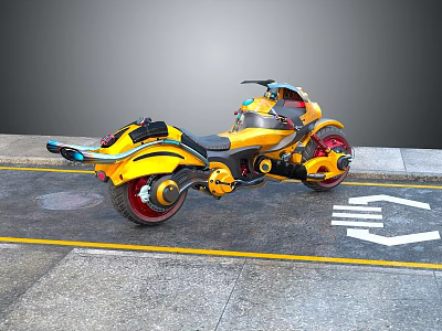 Futuristic Yellow And Black Motorcycle On Road With Yellow Lines And White Arrow 3d model