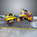 Futuristic Yellow And Black Motorcycle On Road With Yellow Lines And White Arrow