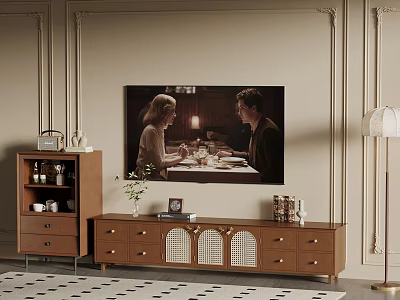 Elegant Interior Design With Paneled Walls Wooden TV Stand Dining Scene And Floor Lamp 3d model
