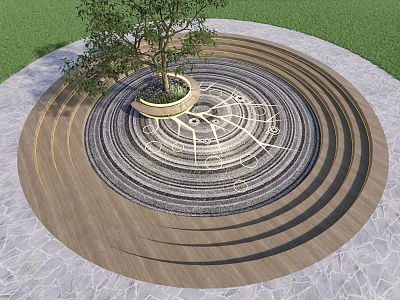 Square Landscape Featuring Circular Design With Central Tree And Decorative Wooden Stone Rings 3d model