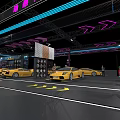 Modern Luxury Car Exhibition Hall Featuring Yellow Sports Cars Purple Blue Lighting And Visitors