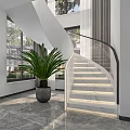 Modern Curved Staircase Interior Design Featuring Glass Railing Marble Floor And Natural Light
