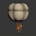 Detailed Hot Air Balloon Architectural Design With White Fabric Yellow Ropes And Brown Basket
