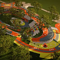 Outdoor Children's Play Area with Green Lawn Trees Curved Orange Gray Path and Slide