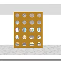 Yellow Decorative Partition With Round Openings And Various Scenes Visible Through