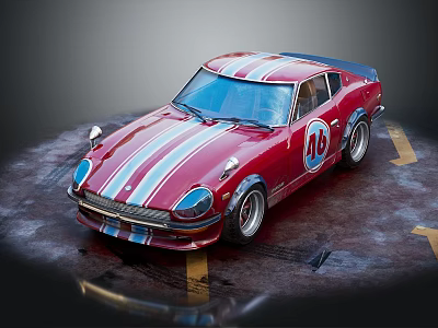 Vintage Red Sports Car Featuring White Blue Stripes Number 46 On Display With Yellow Arrows 3d model