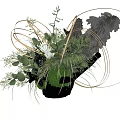 Elegant Vase Flower Arrangement With Green Leaves Feathers And Decorative Lines
