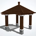 Traditional Garden Pavilion Featuring Brown Roof And Wooden Columns With Stone Bases