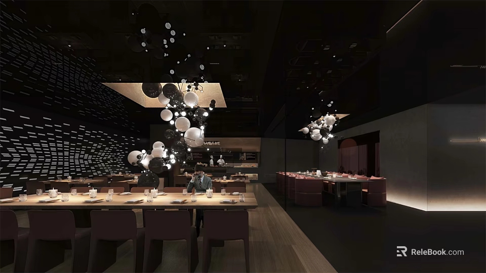 Modern Restaurant Interior Design With Spherical Pendant Lights Wooden Tables And Pink Seats 3d model 