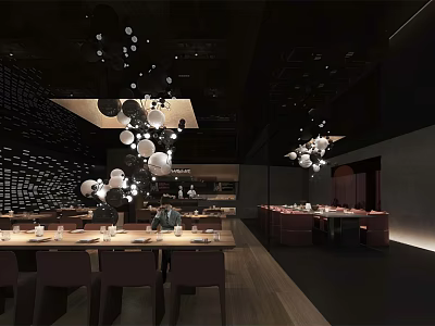 Modern Restaurant Interior Design With Spherical Pendant Lights Wooden Tables And Pink Seats 3d model