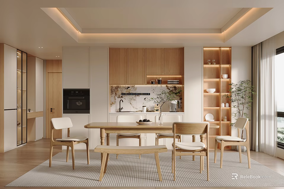 Modern Restaurant Interior With Wooden Cabinets Dining Table Chairs Open Design And Plants 3d model 