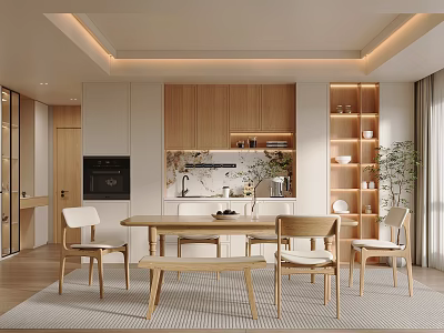 Modern Restaurant Interior With Wooden Cabinets Dining Table Chairs Open Design And Plants 3d model