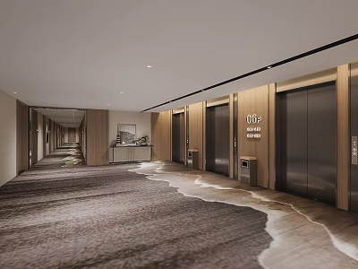 Modern Elevator Hallway With Wooden Accents Patterned Carpet Wall Art And Lighting 3d model