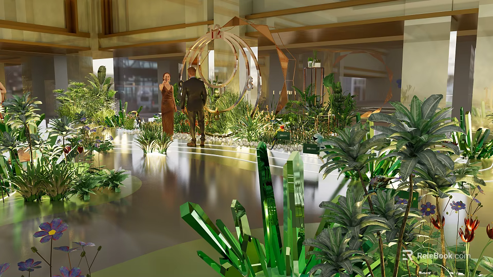 Indoor Garden Space With Lush Green Plants Crystal Structures People And Decorations 3d model 