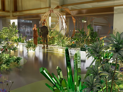 Indoor Garden Space With Lush Green Plants Crystal Structures People And Decorations 3d model