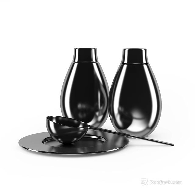 Shiny Black Tableware Set with Two Bottles Small Cup Tray and Long-handled Spoon 3d model 
