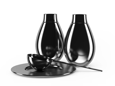 Shiny Black Tableware Set with Two Bottles Small Cup Tray and Long-handled Spoon 3d model