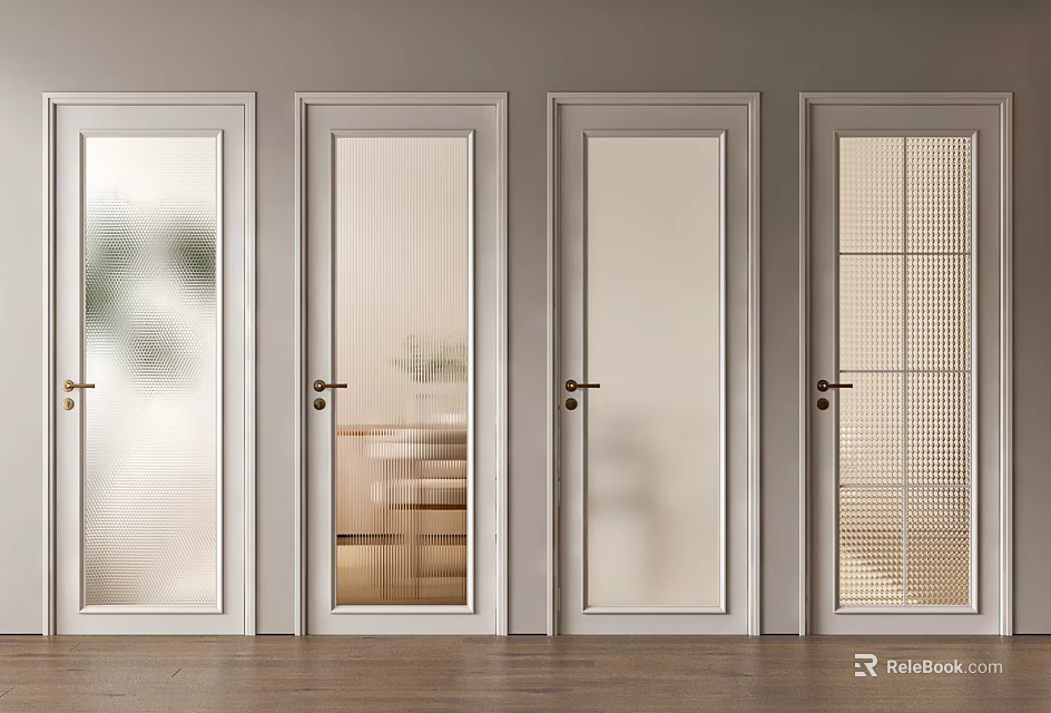 Various Glass Design Hinged Doors With White Frames On Wooden Flooring And Light Walls 3d model 