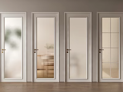 Various Glass Design Hinged Doors With White Frames On Wooden Flooring And Light Walls 3d model