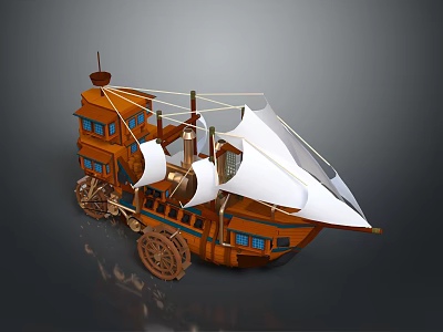 Wooden Sailboat Model With Wheels And White Sails On Dark Background 3d model