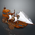 Wooden Sailboat Model With Wheels And White Sails On Dark Background
