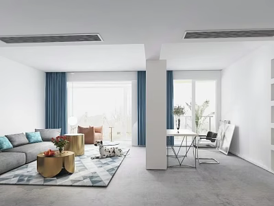 Modern Living Room Interior With Gray Sofa Gold Coffee Tables Blue Curtains And Geometric Rug 3d model