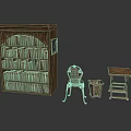 Vintage Wooden Bookshelf With Many Books Iron Chair Small Table And Trash Bin