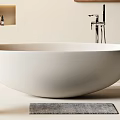 Modern Minimalist Bathroom Interior With White Freestanding Bathtub Hanging Lamp And Decorative Painting