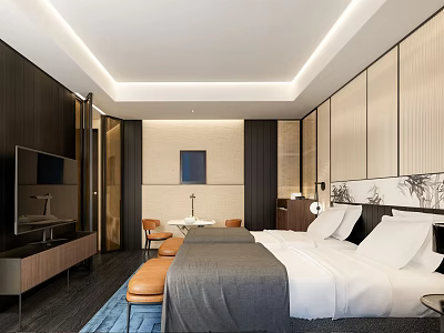 Modern Hotel Room Interior With Comfortable Bed Wooden Walls TV And Lighting 3d model