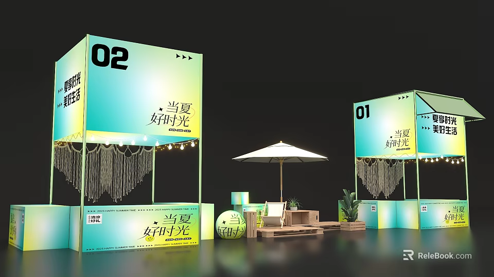 Outdoor Booth Scene with Numbered 01 02 Umbrella Seating Plants and Nighttime Ambiance 3d model 