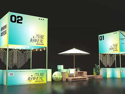 Outdoor Booth Scene with Numbered 01 02 Umbrella Seating Plants and Nighttime Ambiance 3d model