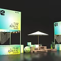Outdoor Booth Scene with Numbered 01 02 Umbrella Seating Plants and Nighttime Ambiance