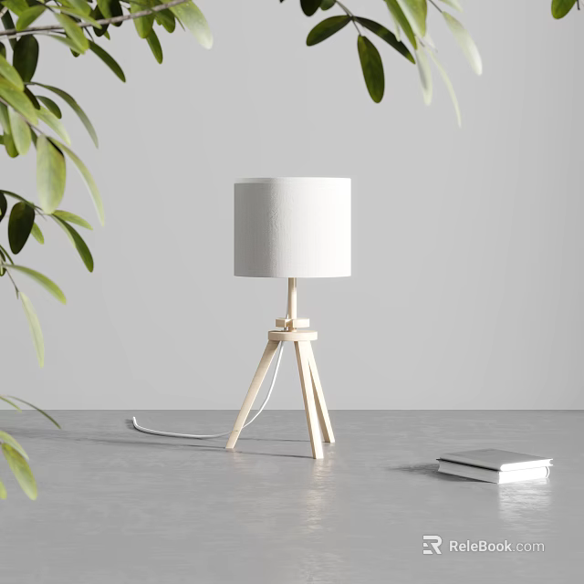 Wooden Tripod Table Lamp With White Shade On Gray Tabletop Near Books And Green Leaves 3d model 